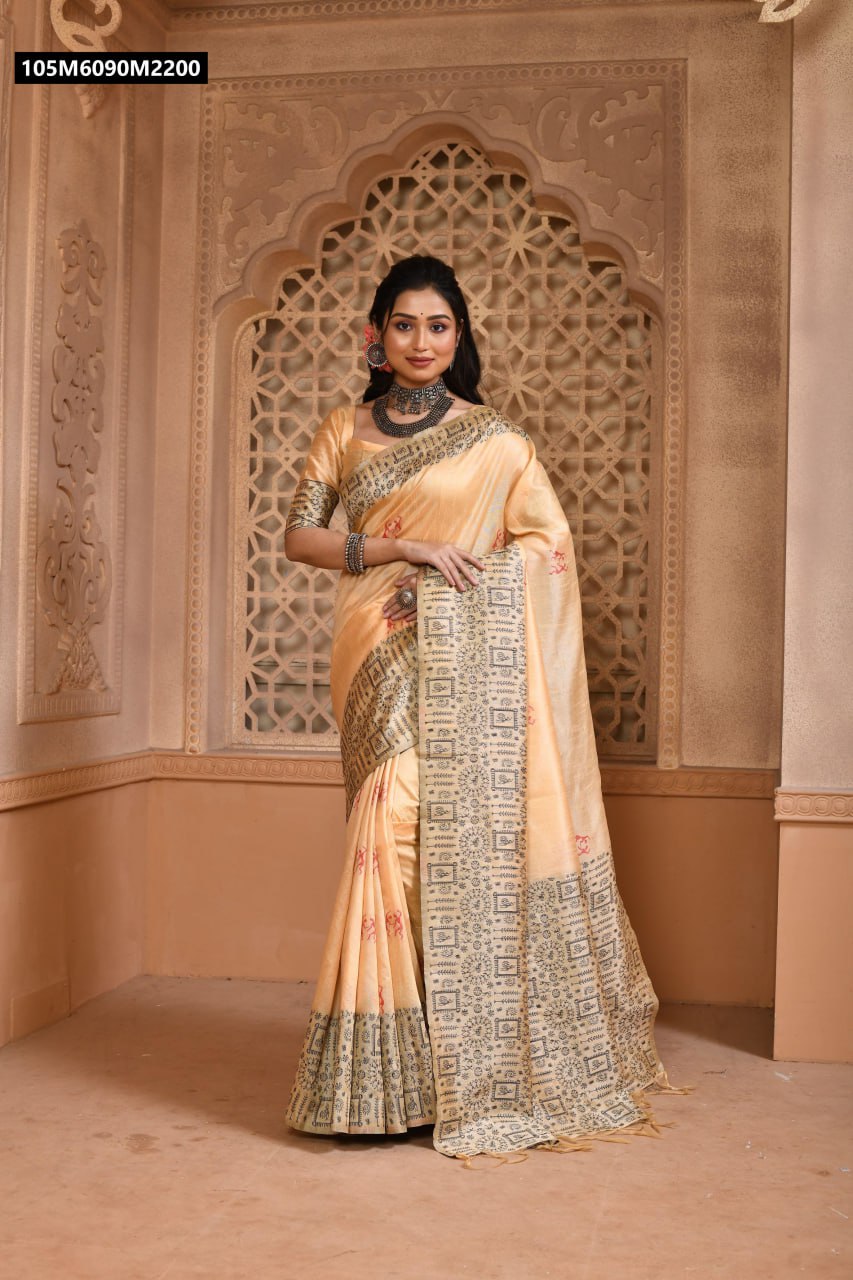 TRENDBUY model in elegant light peach Banglori raw silk saree with Kalamkari woven pallu and border, in a traditional setting