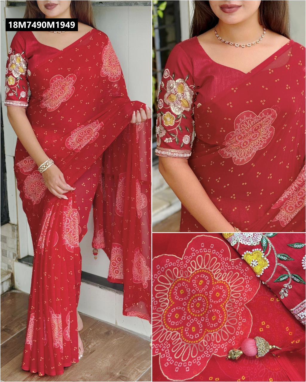 Full body shot of a model wearing a red Bandhej georgette saree with 3D gold foil print, paired with a heavily embroidered red blouse, showing the fancy tassels on the pallu and close-up details of the saree and blouse embroidery.