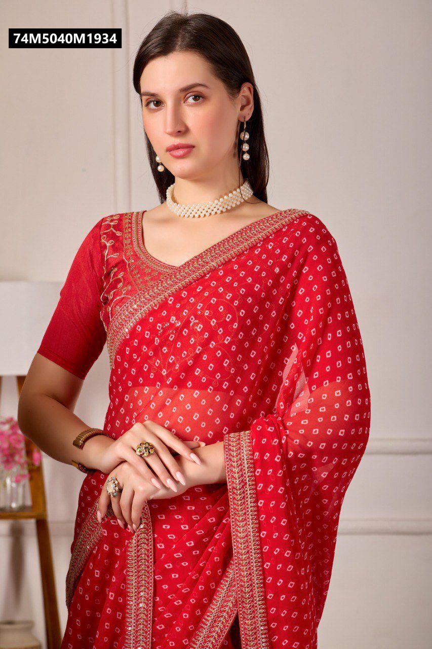 Upper body close-up of model in a red georgette silk saree, highlighting the subtle bandhani print and intricate dori border.