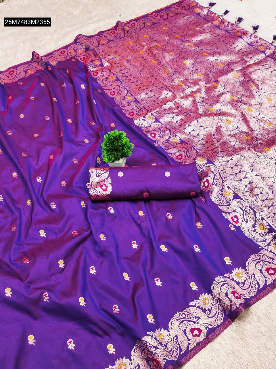 TRENDBUY Vibrant Purple Banarasi Silk Saree with intricate gold zari small motifs, a rich pallu, and a detailed Meenakari woven border, displayed with a matching blouse piece.