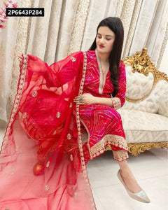 TRENDBUY Vibrant Red Bandhani Cotton Kurta Set with Net Dupatta