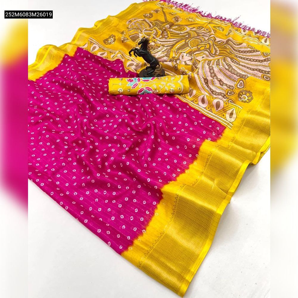 TRENDBUY Pink and Yellow Dola Silk Bandhani Saree with Peacock Pallu and embellished yellow blouse piece.