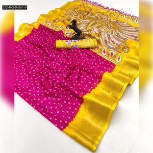 TRENDBUY Vibrant Soft Dola Silk Bandhani Saree with Grand Peacock Pallu & Beads Work Blouse