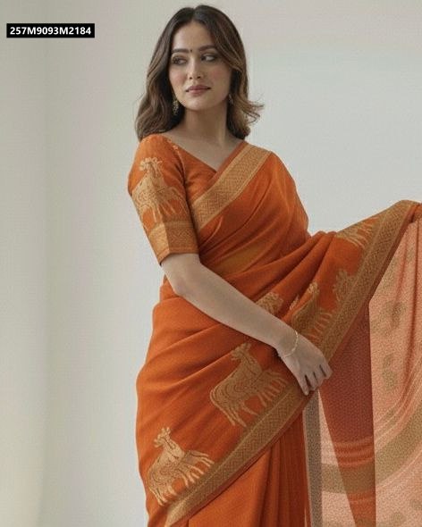 Model showcasing the elegant drape of the orange Viscose Khadi saree with Pichwai motifs and coordinating blouse.