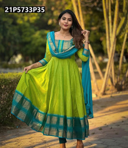 TRENDBUY Vichitra Silk Anarkali Gown with Jacquard Zari Border & Chanderi Dupatta