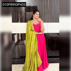 TRENDBUY Vichitra Silk Maggam Work Gown with Chinnon Dupatta