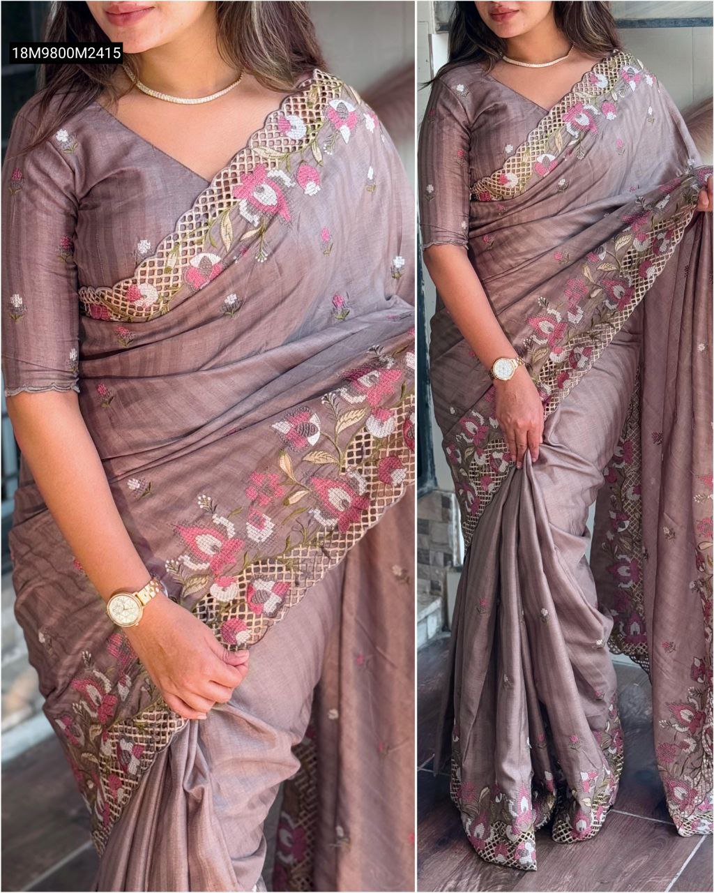 Modeled view of a woman in a rich brown taupe Visca slub silk saree, showcasing the luxurious drape, delicate floral embroidery, and unique cutwork border, styled with a matching short-sleeve blouse.