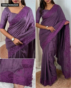 TRENDBUY Visca Slub Silk Saree with Thread Embroidered Cut Work for Festive Occasions