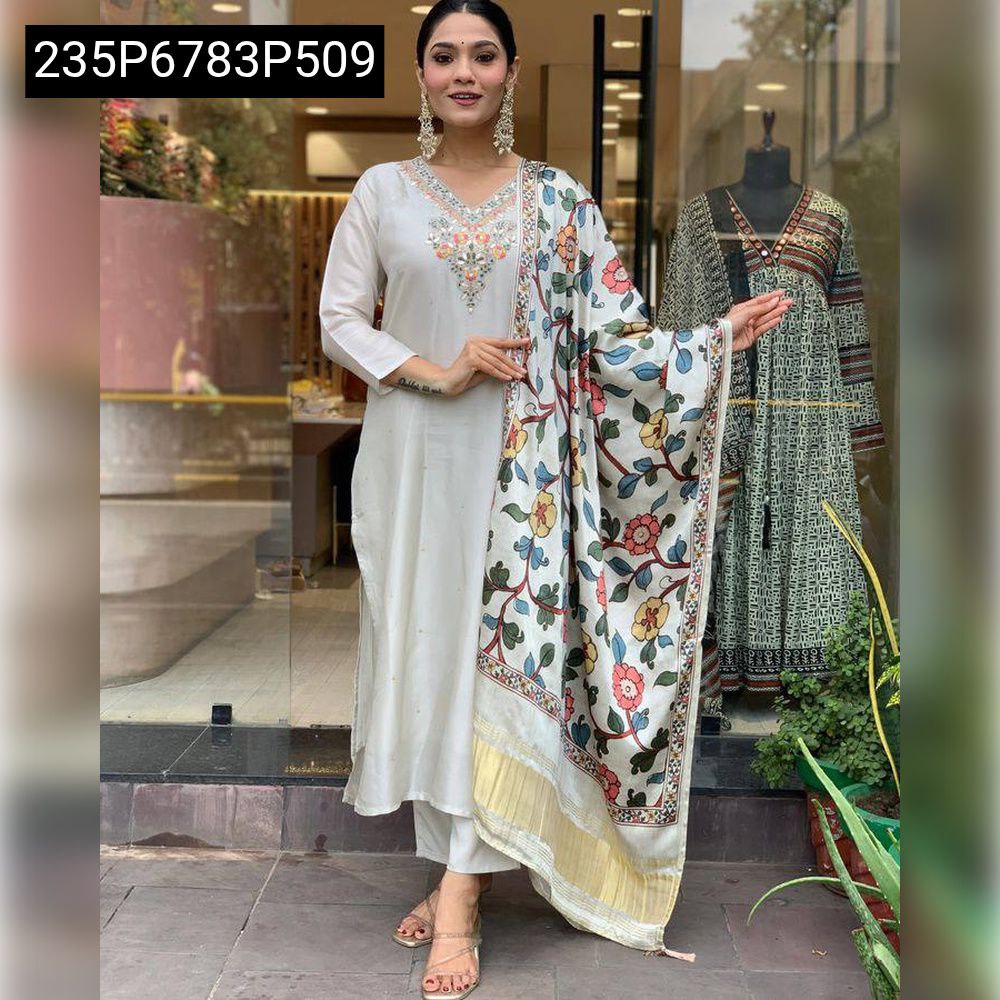 TRENDBUY Off-White Viscose Chanderi Kurta Set with intricate sequence embroidery on neckline, paired with a vibrant floral satin dupatta, modeled full-body.