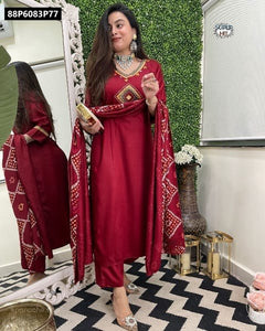 TRENDBUY Viscose Chanderi Embroidered Kurti Set with Printed Chinon Dupatta