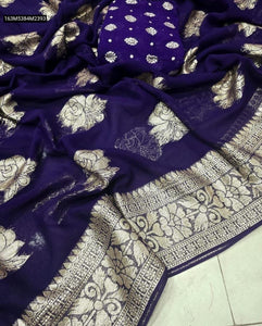 TRENDBUY Viscose Georgette Saree with Gold Zari Weaving & Soft Contrast Blouse