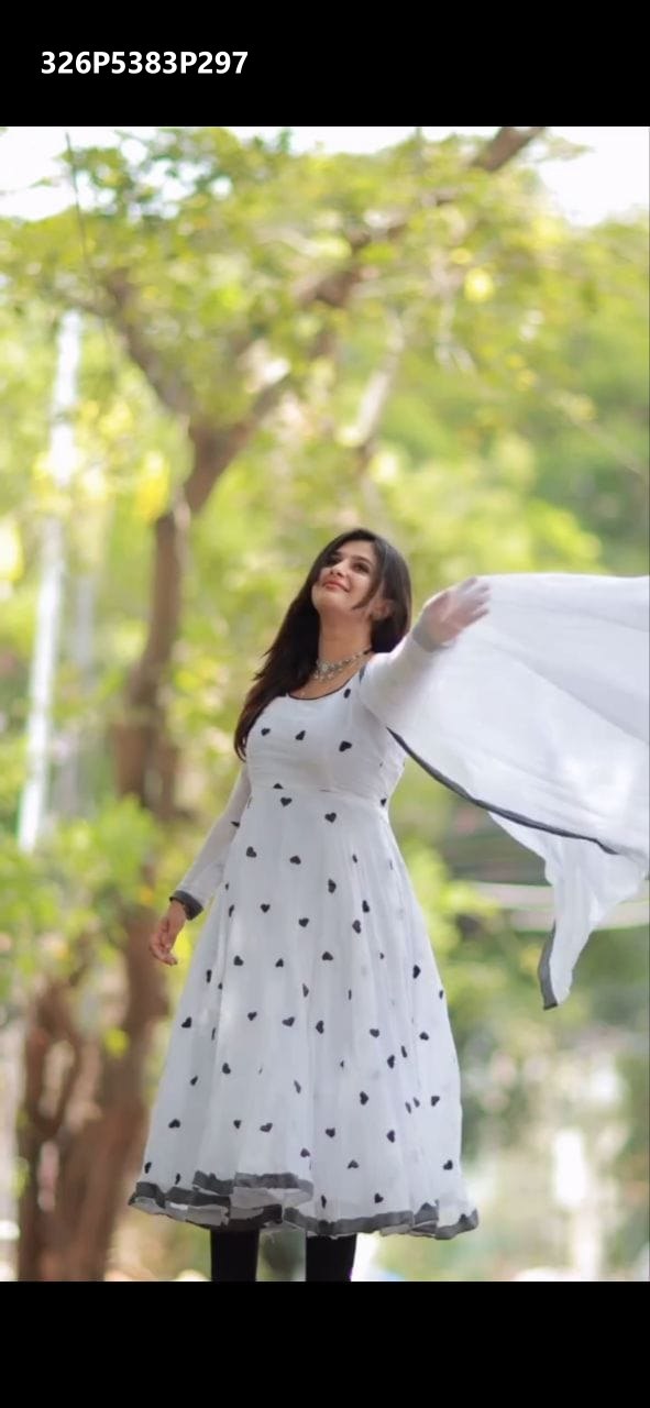 TRENDBUY White Georgette Anarkali Gown with Black Heart Embroidery, model posing outdoors.