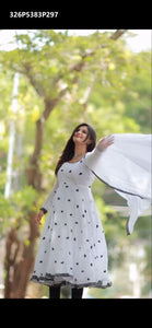 TRENDBUY White Georgette Anarkali Gown with Heart Embroidery & Dupatta