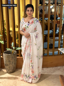 TRENDBUY White Heavy Linen Saree with Floral Digital Print & Kankri Lace