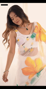 TRENDBUY White Heavy Paper Georgette Saree with Vibrant Floral Digital Print & Blouse