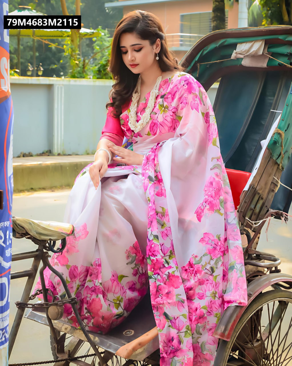 Side view of a woman wearing a TRENDBUY white and pink Hathi floral print linen saree, sitting gracefully on a traditional rickshaw.