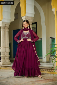 TRENDBUY Wine Faux Blooming Embroidered Gown with Dupatta Set