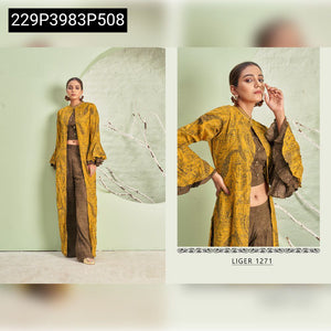 TRENDBUY Women's 14KG Riyon Printed Long Jacket, Crop Top & Pant Set