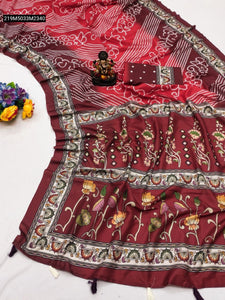 TRENDBUY Women's Art Silk Saree: Kalamkari Laheriya Bandhej Digital Print with Blouse Piece