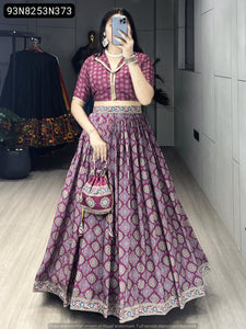 TRENDBUY Women's Azarakh Print Silk Crape Lehenga Choli Set with Potli Bag