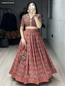 TRENDBUY Women's Azarakh Print Silk Crape Lehenga Choli Set with Potli Purse