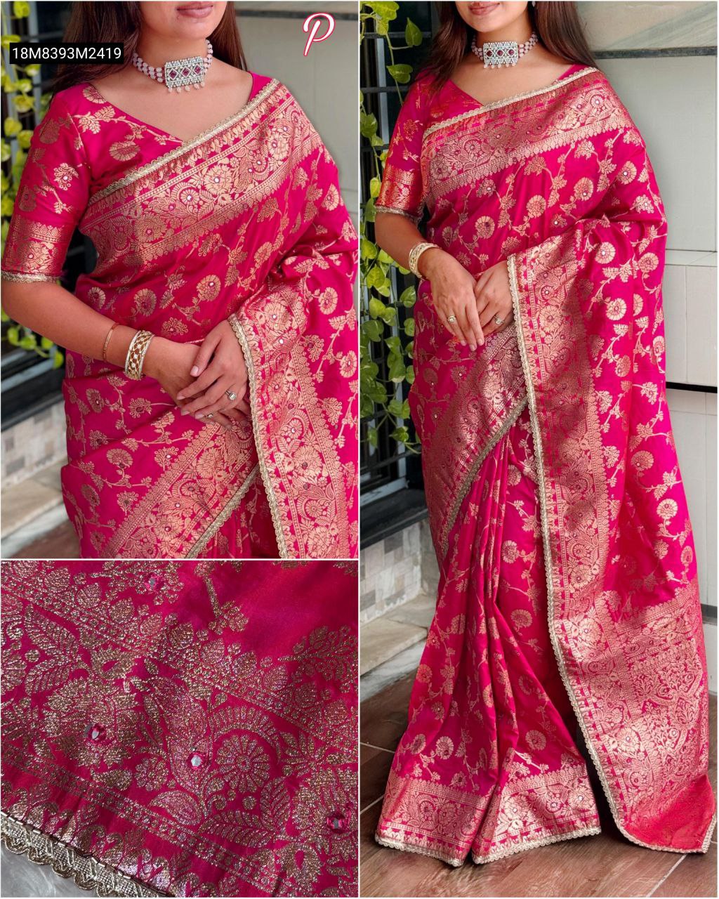 TRENDBUY Women's Fuchsia Banarasi Silk Saree featuring gold zari jacquard weaving, mirror work, and a delicate pearl lace border, modelled in a full-length pose.