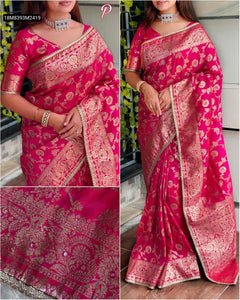 TRENDBUY Women's Banarasi Silk Saree with Zari Weaving, Mirror Work & Pearl Lace