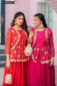 TRENDBUY Women's Bandhej Embroidered Crop Top Lehenga with Jacket Set - Red & Pink