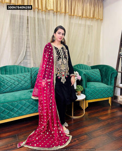 TRENDBUY Women's Black Viscose Velvet Embroidered Kurta Pant Set with Fuchsia Dupatta