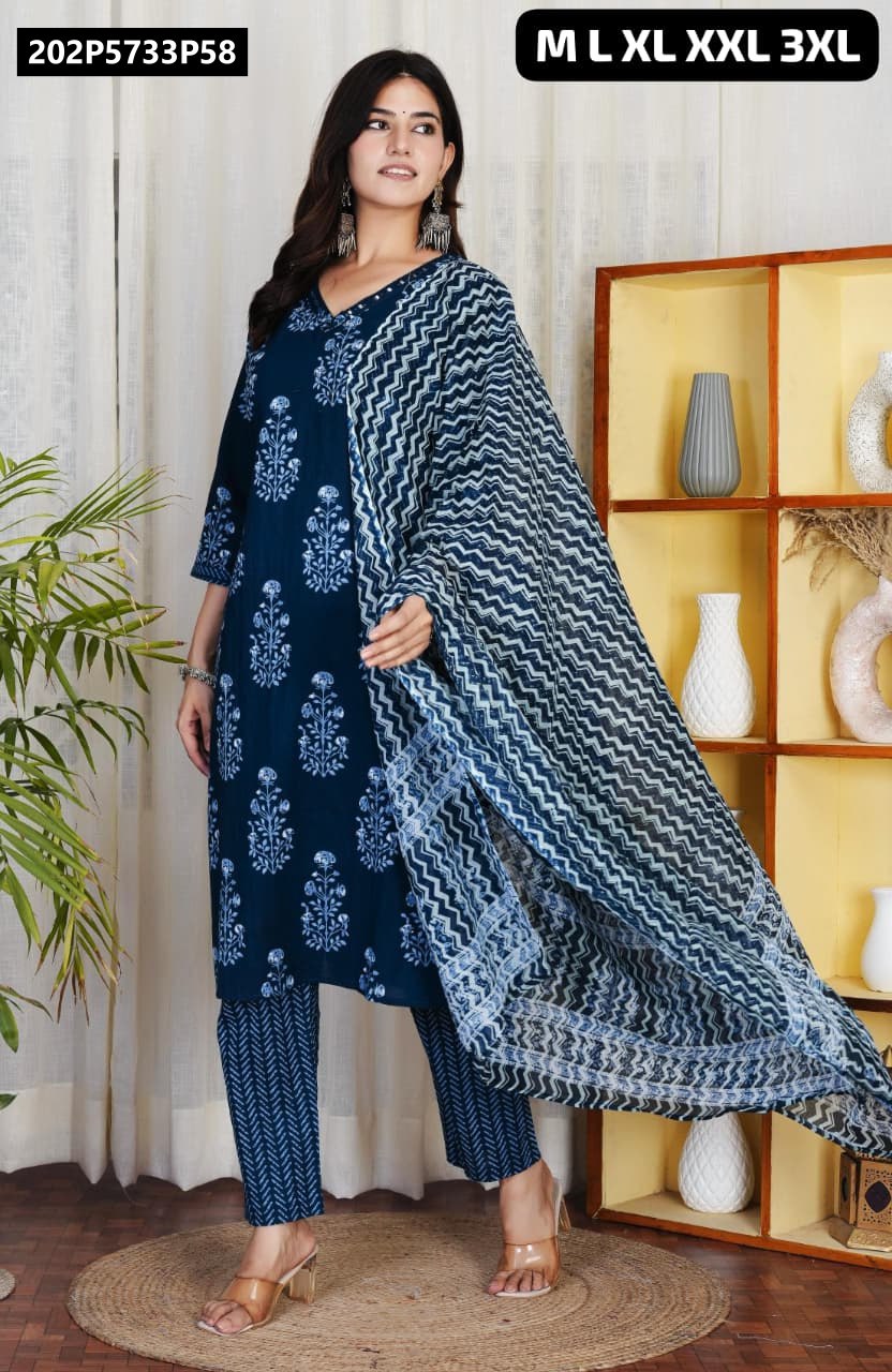 TRENDBUY Women's Navy Blue Cotton 60-60 Kurta Set with White Motif Print, Zig-zag Dupatta and Sequence Yoke