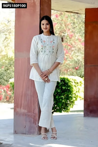 TRENDBUY Women's Cotton Chikankari Embroidered Top & Pants Set