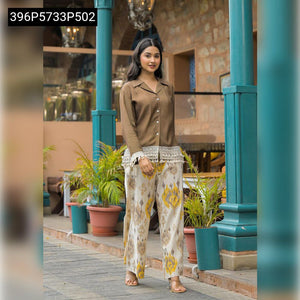 TRENDBUY Women's Cotton Flex Co-ord Set with Lace Shirt & Palazzo Pants