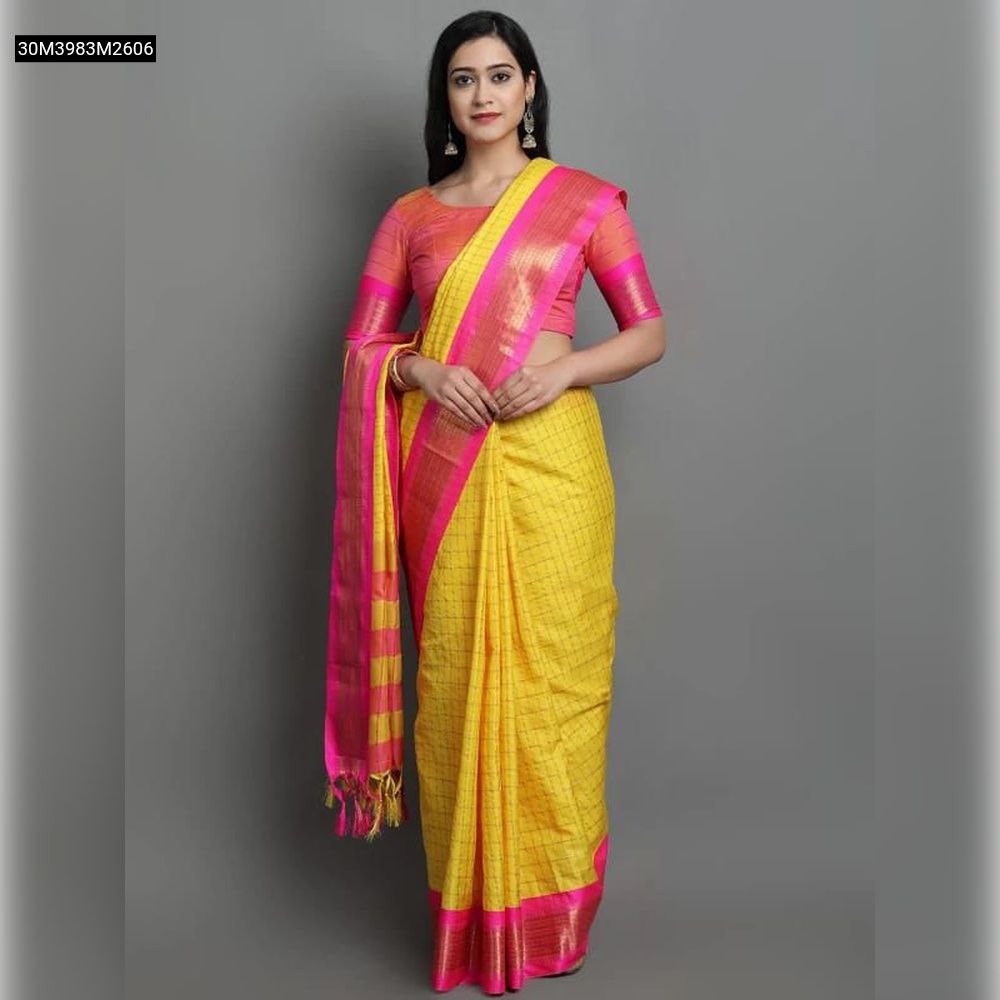 TRENDBUY Women's Yellow Cotton Silk Saree with Pink Jacquard Border and Matching Blouse, gracefully draped on a model.