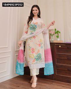 TRENDBUY Women's Cream Floral Organza Kurta Pant Set with Dupatta