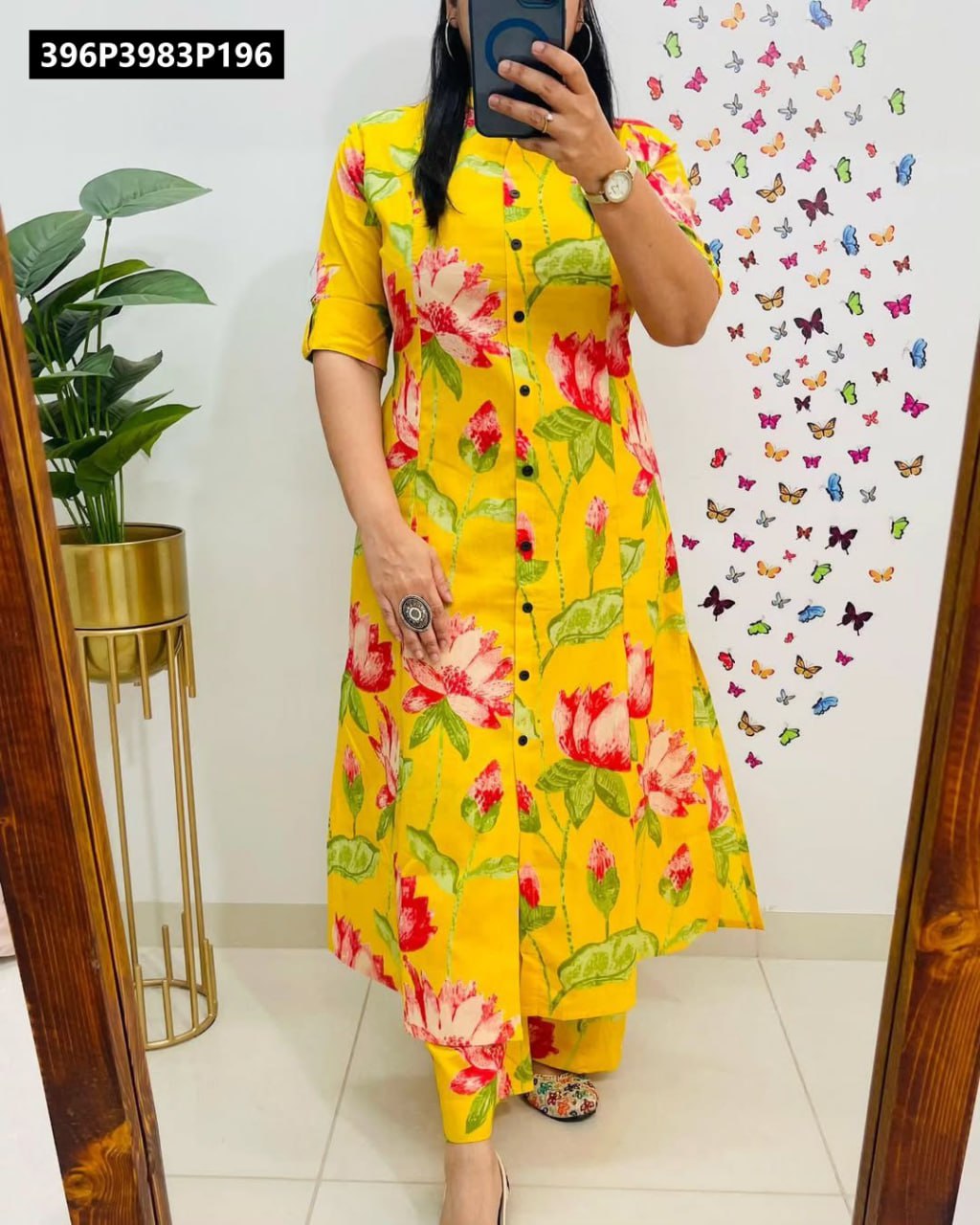 TRENDBUY women's yellow digital print A-line kurti and ankle-length pant co-ord set, full body shot