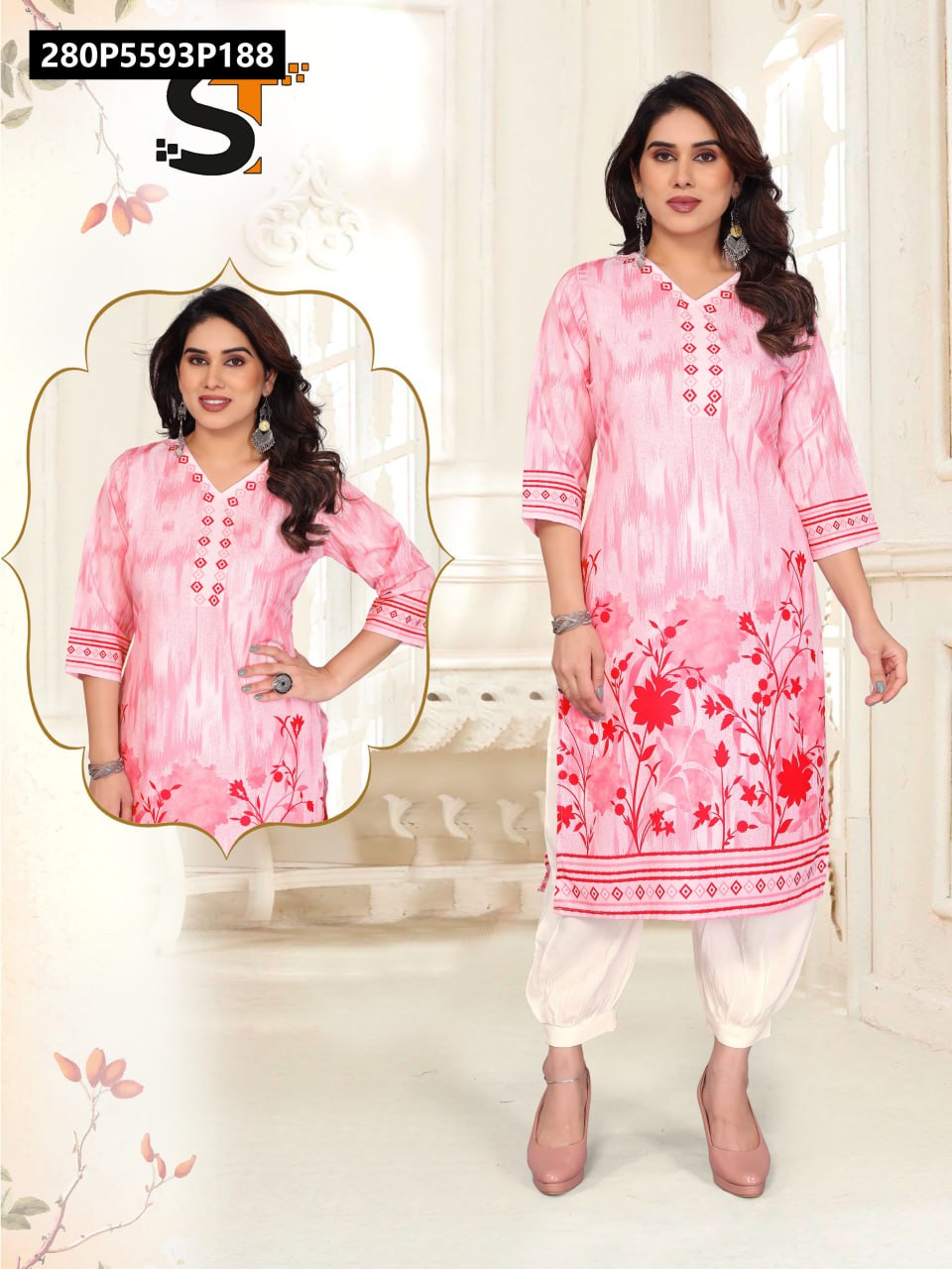TRENDBUY Women's Pink Digital Print Heavy Reyon Kurta with bold Red Floral design and white Afghani Pant Set, full body model shot