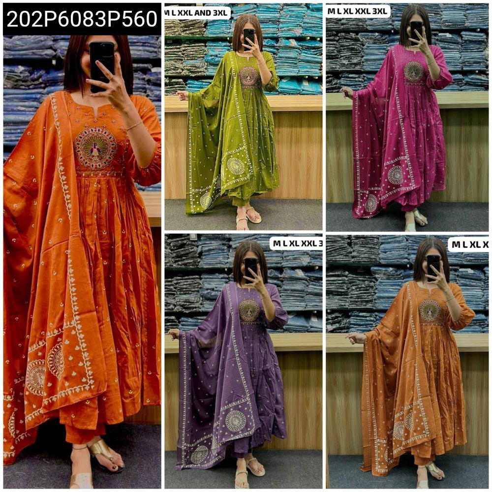 TRENDBUY Rust Orange Anarkali kurta set with embroidered yoke, full body model shot, white embroidery on dupatta, Cotton 60-60 fabric