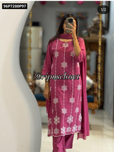 TRENDBUY Women's Embroidered Cotton Kurti Pant Dupatta Set Festive Wear