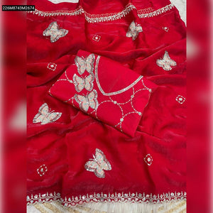 TRENDBUY Women's Fendy Satin Saree with 3mm Sequence Butterfly Embroidery & Unstitched Blouse