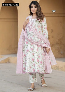 TRENDBUY Women's Floral Cotton Slub Flared Kurta Set with Dupatta
