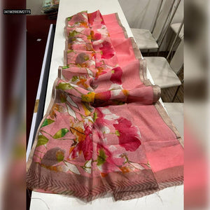 TRENDBUY Women's Floral Digital Print Handloom Linen Saree with Blouse Piece