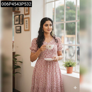 TRENDBUY Women's Floral Print Georgette Midi Dress with Short Sleeves