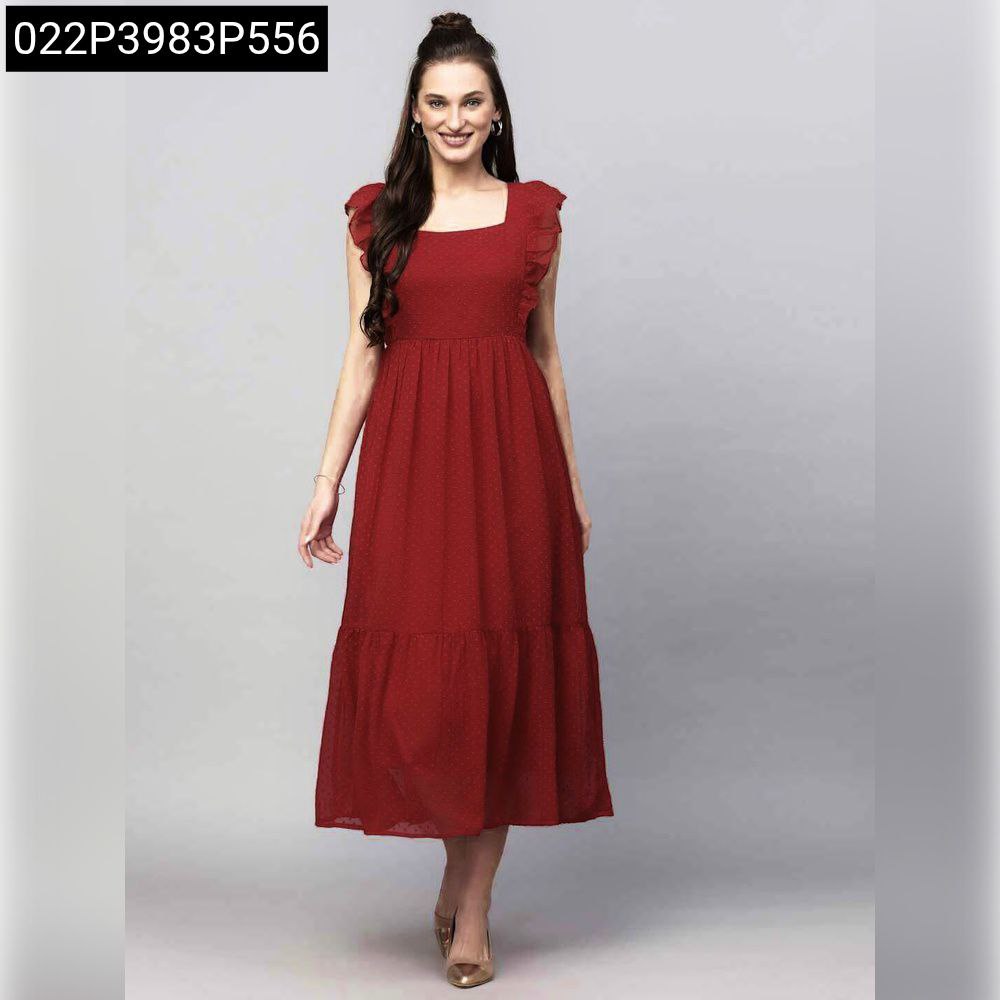 Full-body shot of a smiling model wearing a maroon TRENDBUY georgette butti ruffled midi dress, posing naturally.