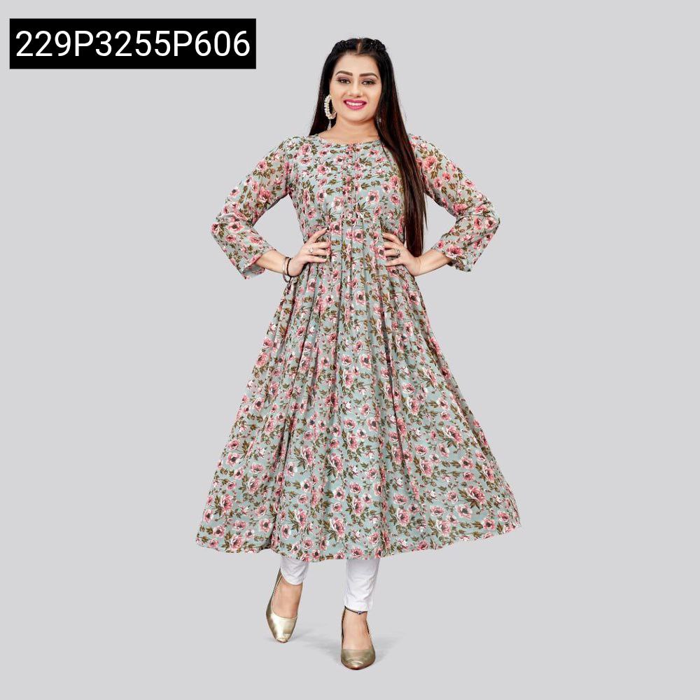 Model wearing TRENDBUY light blue floral georgette kurti with cotton inner, elegant flare, and white leggings, full body shot.