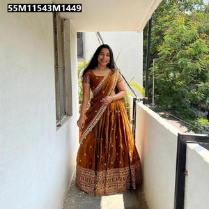 TRENDBUY Women's Glass Tissue Silk Half Saree Lehenga with Gold Zari Embroidery