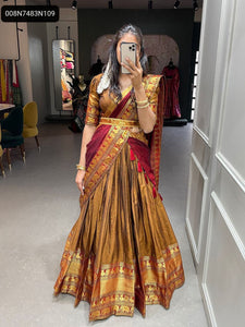 TRENDBUY Women's Golden Bronze Narayan Pet Zari Weaving Lehenga Choli Set