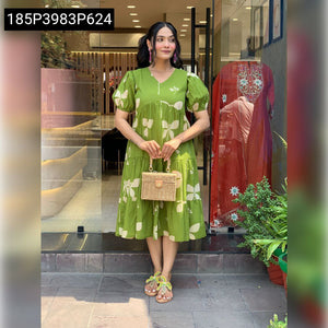 TRENDBUY Women's Green Floral Print Tiered Cotton Dress