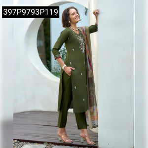 TRENDBUY Women's Green Vatican Silk Embroidered Kurta Set with Dupatta
