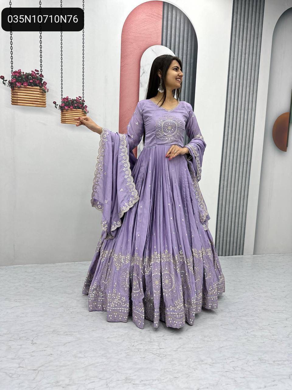 TRENDBUY women's lavender pure Chinon embroidered gown with 7mm sequence work, full view on model.