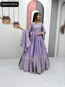 TRENDBUY Women's Lavender Pure Chinon Embroidered Gown with Sequence Dupatta Set